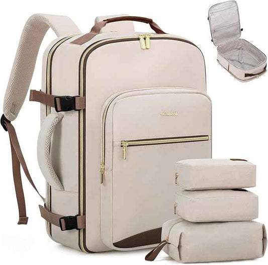 LOVEVOOK Travel Backpack for Women & Men 40L,Airline Approved Carry On Backpack Travel Essentials,TSA Carry on Luggage,Waterproof Personal Item Travel Bag,Suitcase with 3 Packing Cubes,Primary-Coffee