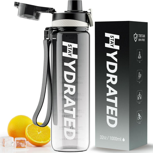 Water Bottle, 32 oz Motivational Water Bottles with Time Marker-Tritan & BPA Free, Sports Water Bottle with Time to Drink & Strap, Wide Mouth, Leakproof -Gift for Christmas Gym Fitness & Outdoor