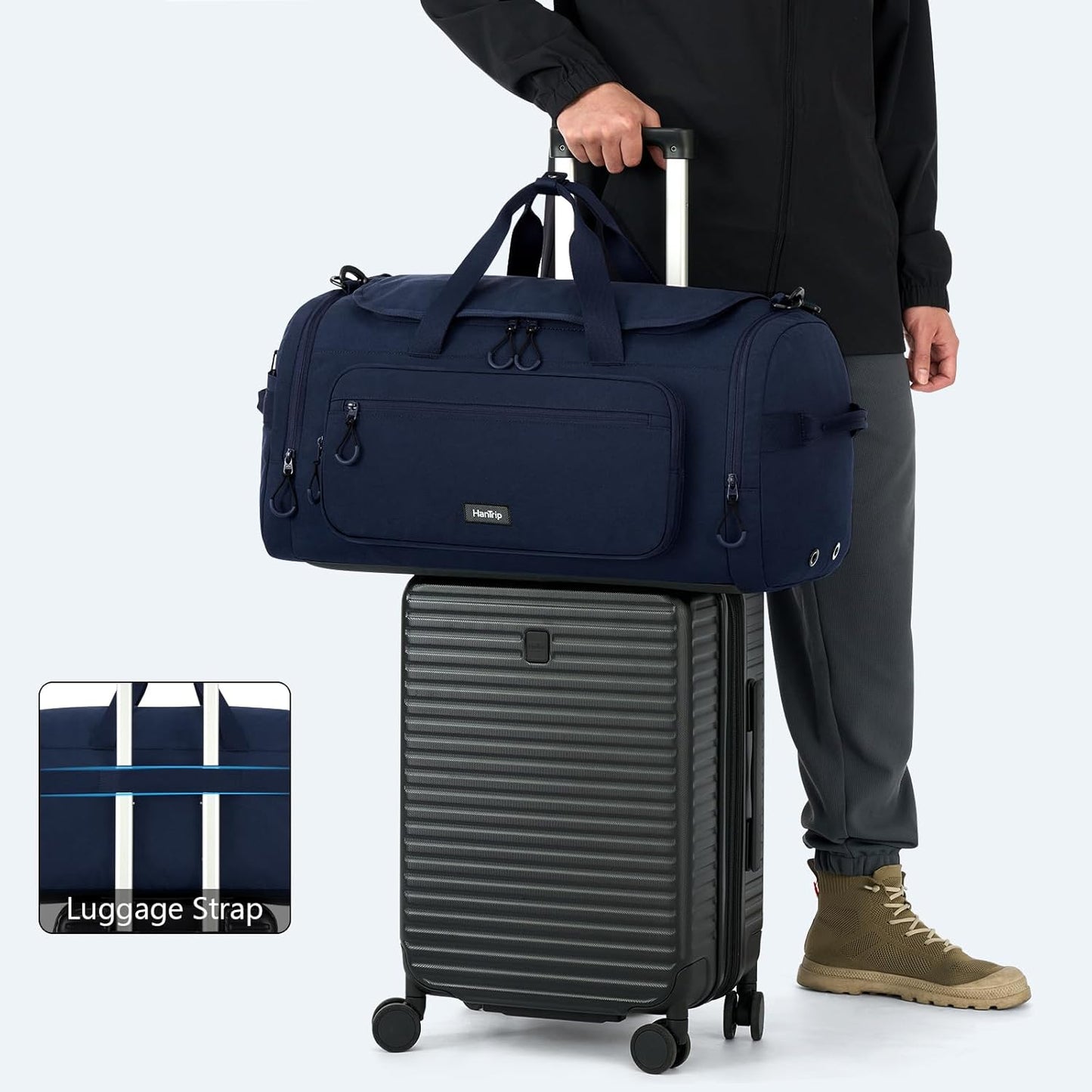 Large Travel Duffle Gym Bag with Shoe Compartment, Underseat Carry On Luggage Overnight Weekender Personal Item Workout Bags for Women Men (Navy Blue) - Roamly