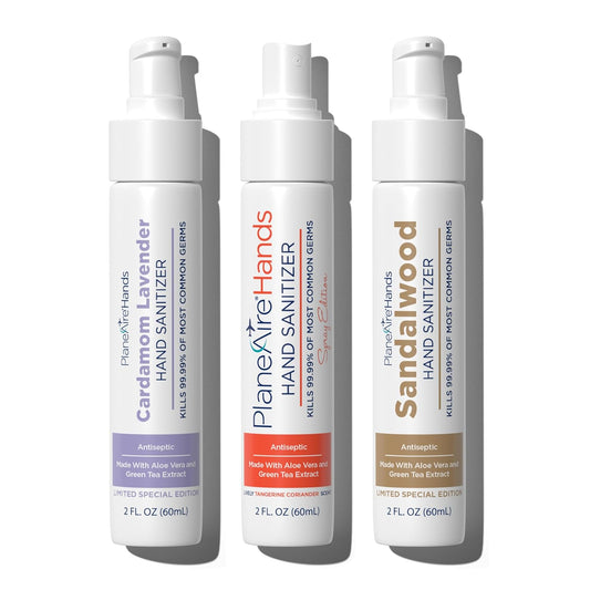 Relax & Rejuvenate Variety 3pk Hand Sanitizer | Cardamom Lavender Lotion, Tangerine Coriander Spray, Sandalwood Lotion | Travel Size | Made with Aloe Vera & Essential Oils | Rich in Vitamin E