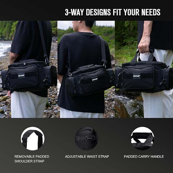 Goture Fishing Tackle Bag, 600D Water-Resistant Soft Side Crossbody Sling Bag for Men & Women,Small Gear Storage Tactical Bags for Saltwater & Freshwater,Fits 4 3600 Tackle Boxes (Not Included)