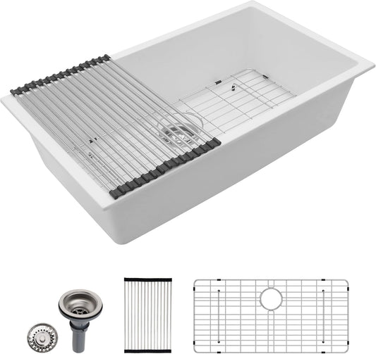 Dcolora 33" Quartz Granite Composite White Kitchen Sink Undermount Sink Deep Single Bowl, Round Corner, 33"x19", DC-GU7750