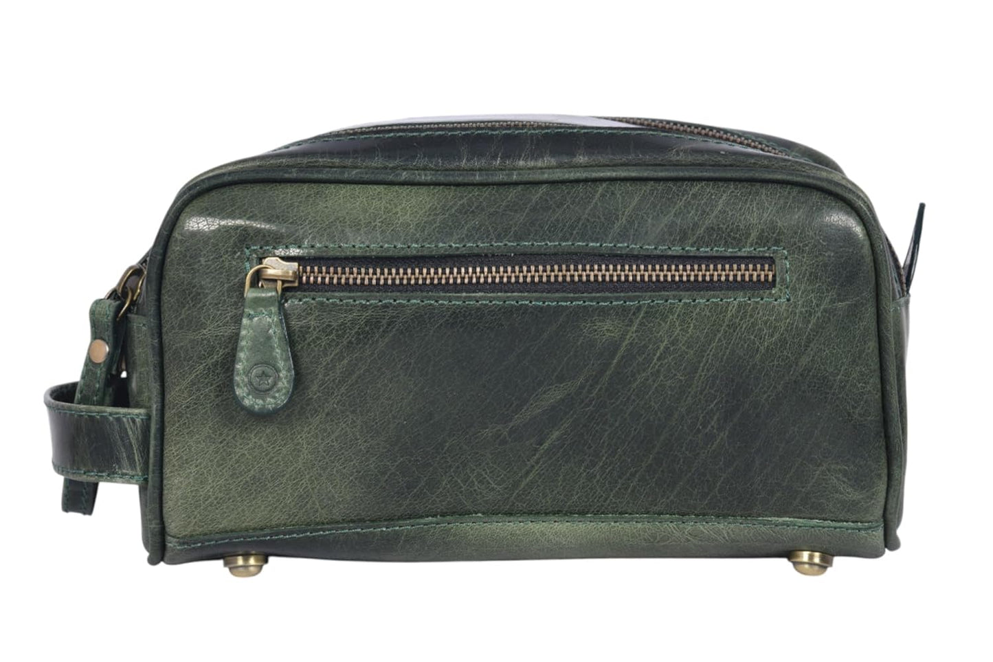 10" Premium Leather Toiletry Travel Pouch With Waterproof Lining | King-Size Handcrafted Vintage Dopp kit By Aaron Leather Goods (Seaweed Green) - Roamly