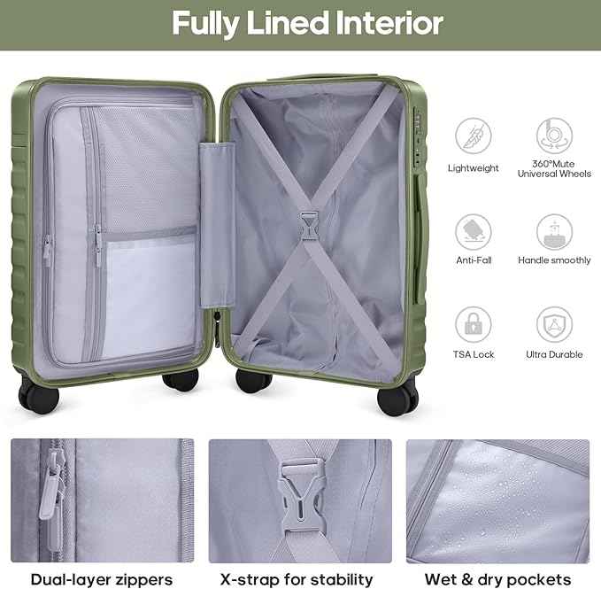 Luggage Sets 3 Piece, Carry On Luggage 20In With Spinner Wheels,PC Hardside Suitcase Set with TSA Lock,Durable Carry On Suitcase With Travel Backpack for Men (Military Green, 3 piece set (BP/20inch))