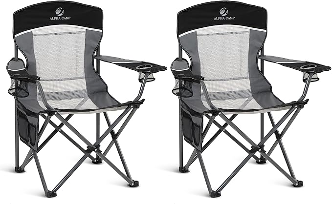ALPHA CAMP 2PC Oversized Mesh Back Camping Folding Chair Heavy Duty Support 350 LBS Collapsible Steel Frame Quad Chair Padded Arm Chair with Cup Holder Portable for Outdoor (Black-2PC)