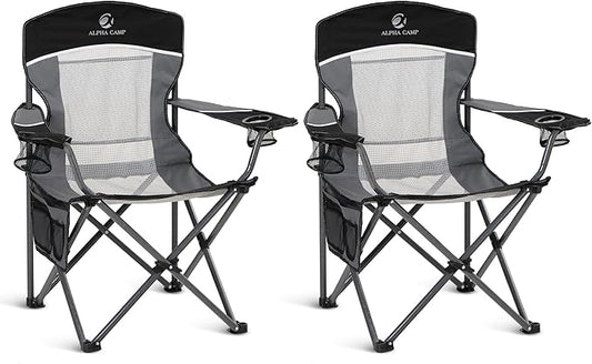 ALPHA CAMP 2PC Oversized Mesh Back Camping Folding Chair Heavy Duty Support 350 LBS Collapsible Steel Frame Quad Chair Padded Arm Chair with Cup Holder Portable for Outdoor (Black-2PC)