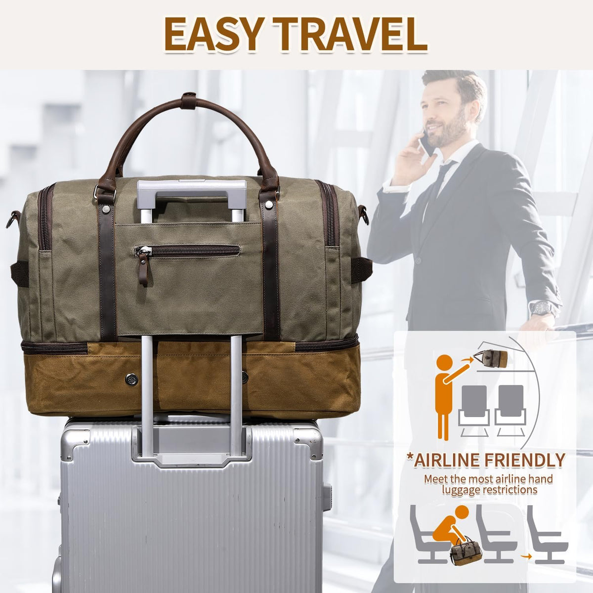 Nerlion Green Large Weekender Overnight Duffel Bag with Shoe Compartment and Leather Accents - Roamly
