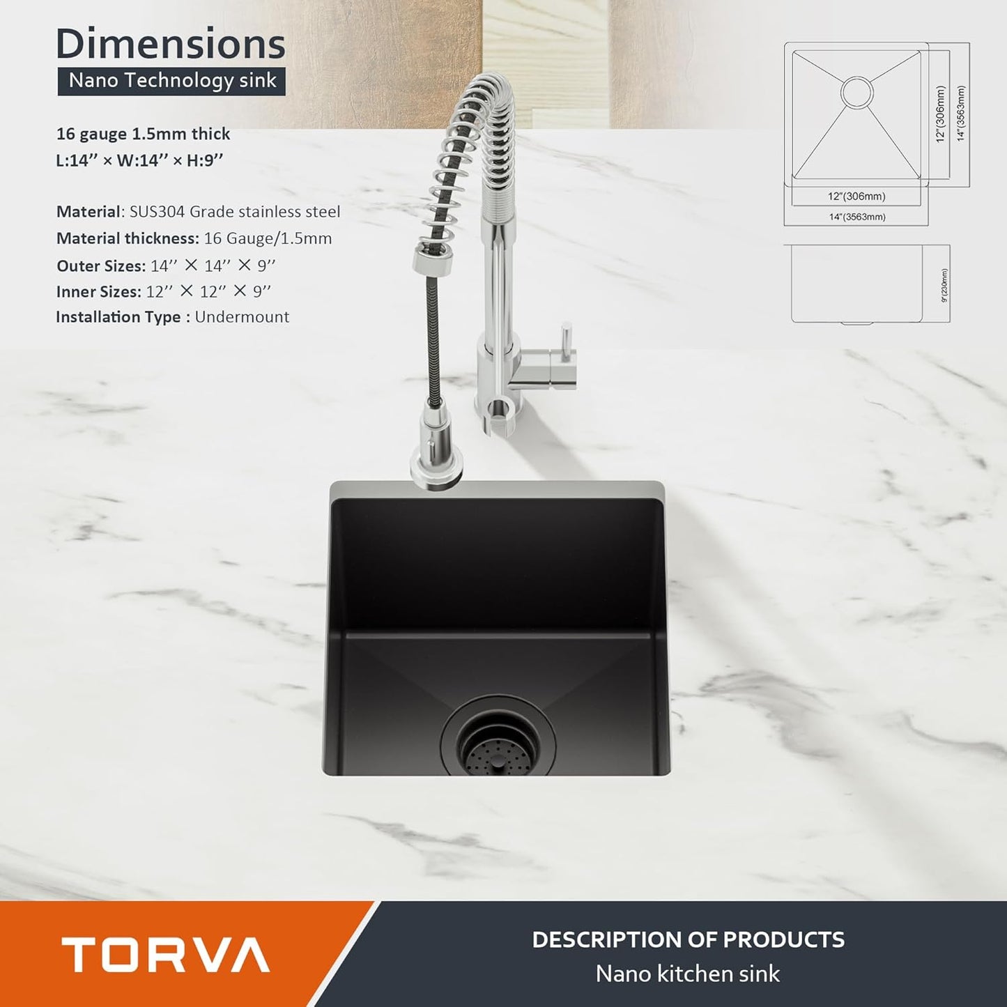 TORVA 14 x 14 Inch Gloss Black Undermount Kitchen Sink, PVD Coated Gunmetal Sink，16 Gauge T-304 Stainless Steel Single Bowl Wet Bar or Prep Sink with Zero-Radius Corners, Dark Grey