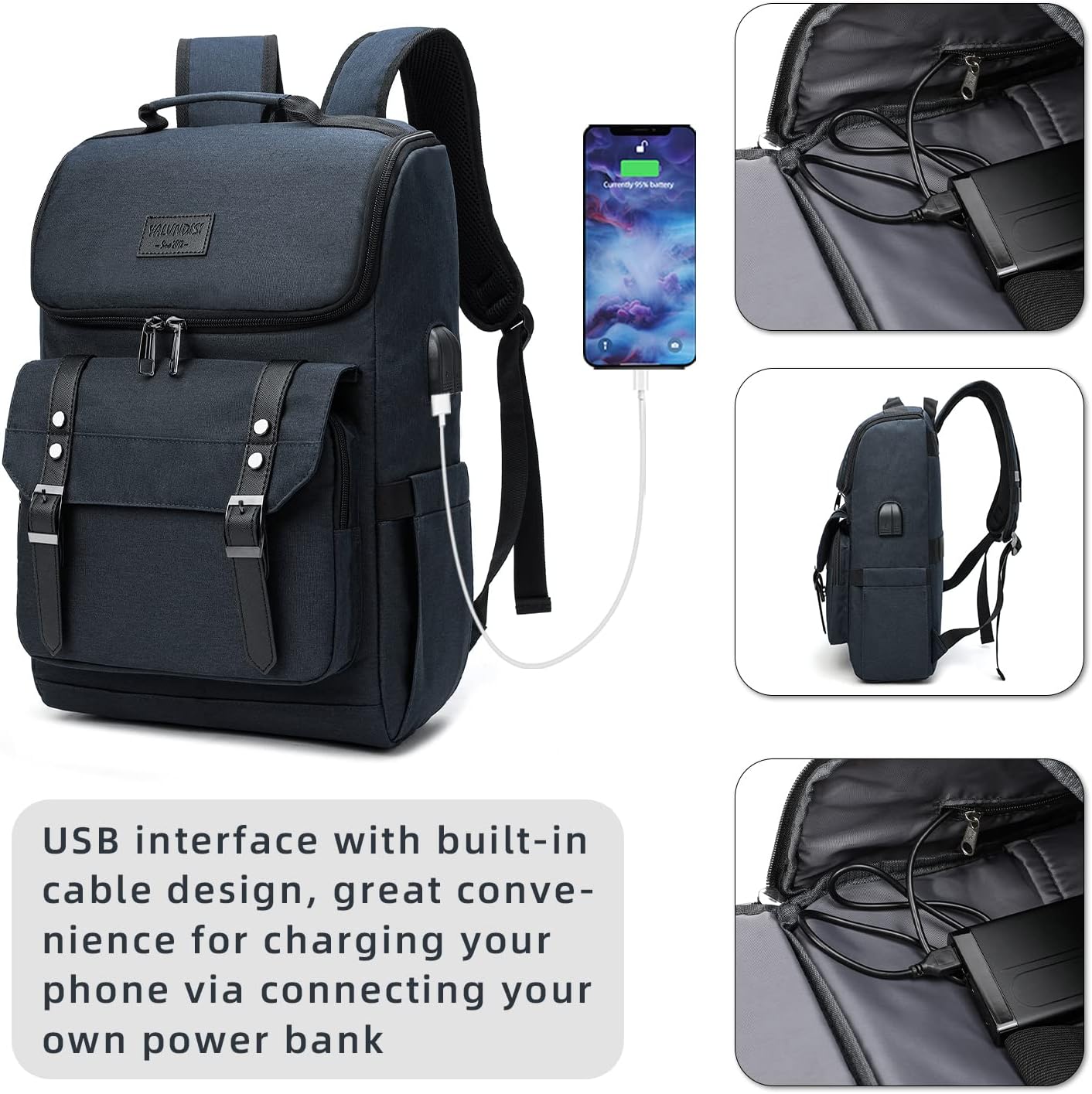 YALUNDISI Vintage Backpack Travel Laptop Backpack with usb Charging Port for Women & Men College Backpack Fits 15.6 Inch Laptop Blue