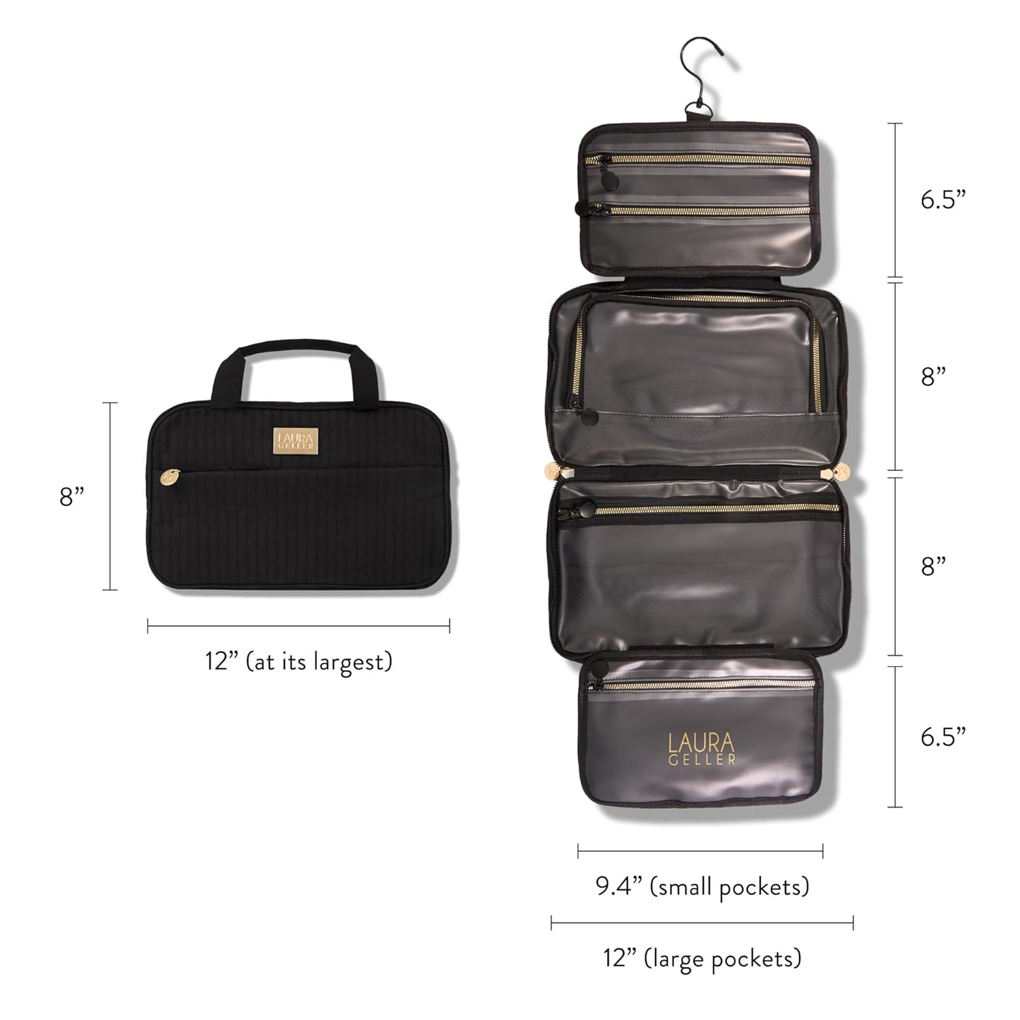 LAURA GELLER NEW YORK Quilted Folding Travel Makeup Bag, Black - Hanging Toiletry Bag Organizer for Travel - Large Capacity Full Size Makeup Bag - Easy to Clean - Roamly