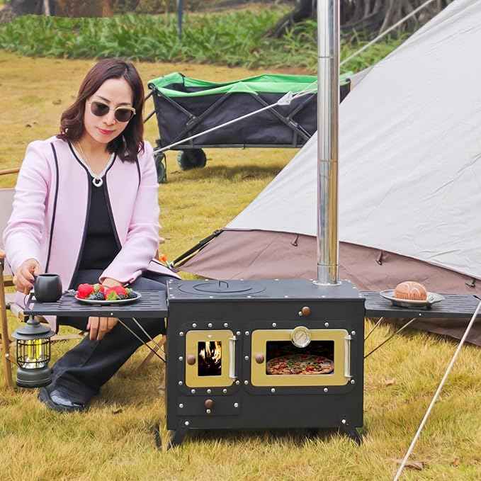 Large Outdoor Camping Cooking Stove with Oven Portable Hot Tent Stove with Pellet Bin Burner Chimney