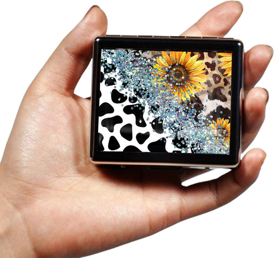 Silver Vintage Pill Box 7 Day Metal Pill Box with Mirror and 8 Compartments Cute Travel Pill Organizer for Purse (Cow Sunflower Leopard)