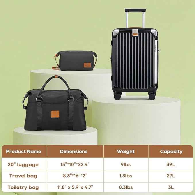 Joyway 20in Carry On Luggage with Cup Holder and USB Port, 25% Expandable Capacity, Smart Suitcase with Anti Slip Wheels and Handbag, Perfect for Men and Women 3 Piece Set Black