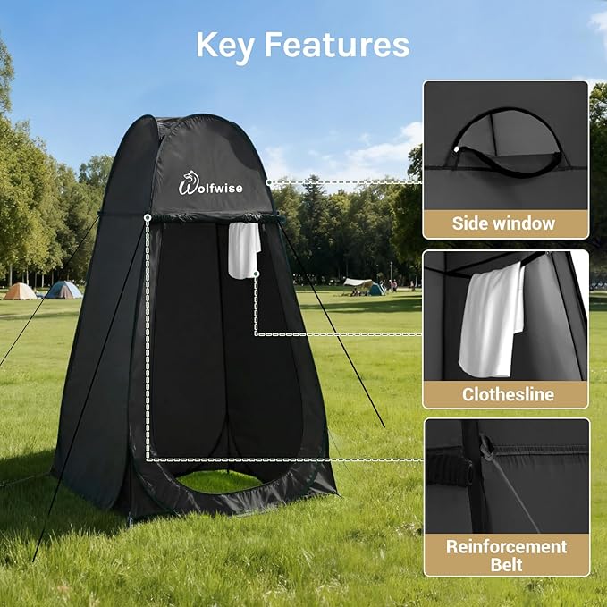 Wolfwise Pop Up Shower Tent for Camping, Portable Instant Changing Tent with Ventilation Window & Carry Bag, Privacy Bathroom Toilet for Beach & Outdoor, Width 40 ", Height 75 ", Black