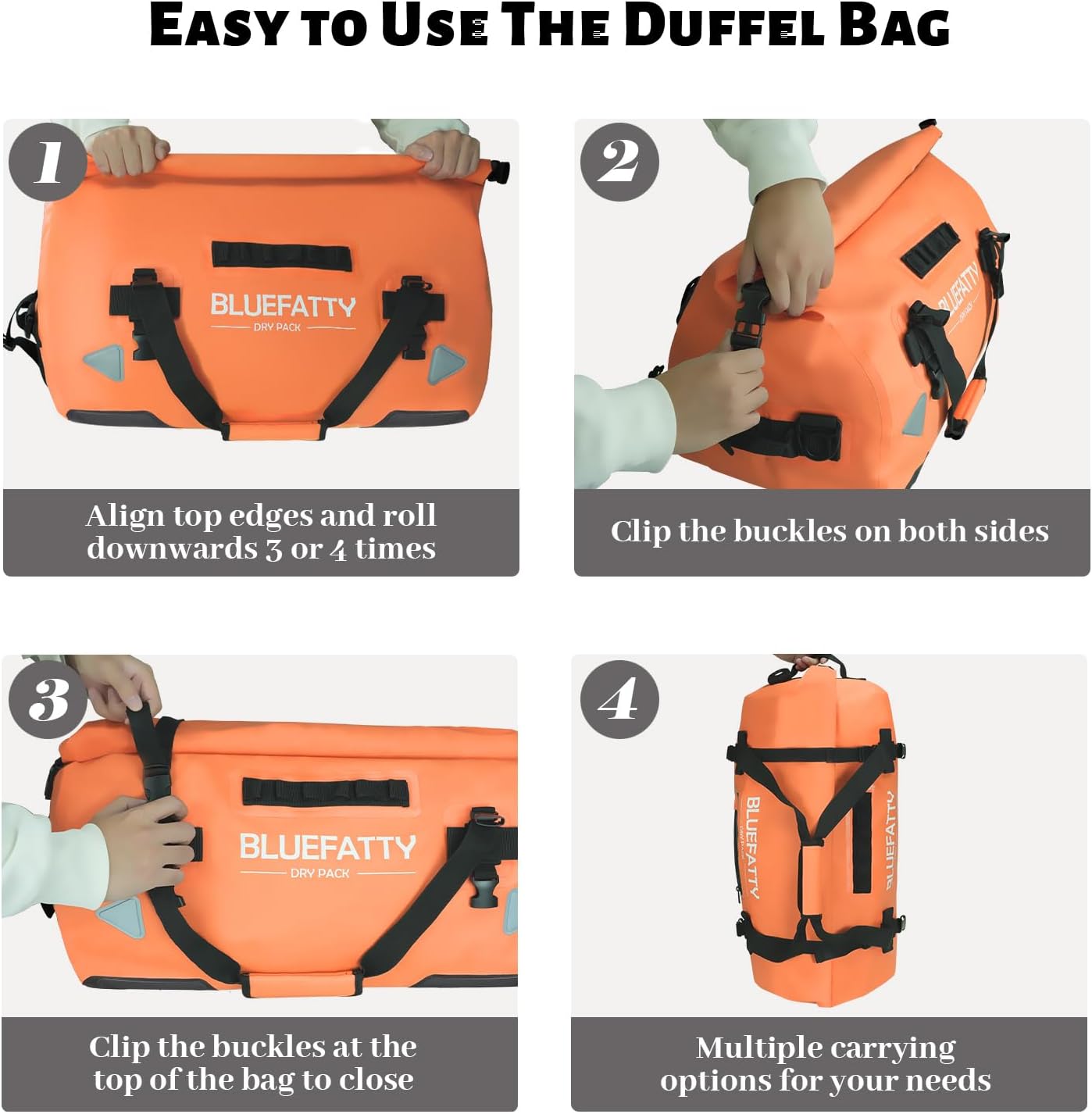 Waterproof Motorcycle Duffel Bag Roll Top Dry Duffel Bag with Quick-fixed Straps for Rafting, Boating, Kayaking, Travel, 50L(Orange) - Roamly