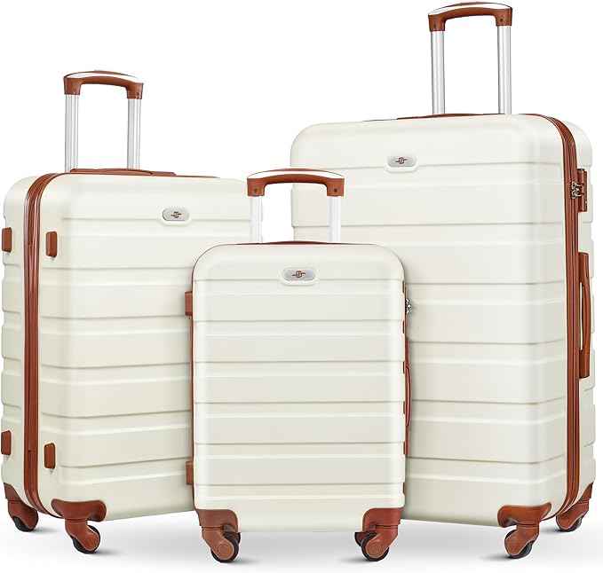 Suitour Luggage 3 Piece Sets Hard Shell Luggage Set with Spinner Wheels,TSA Lock,20 24 28 inch Travel Suitcase Sets (White Brown)