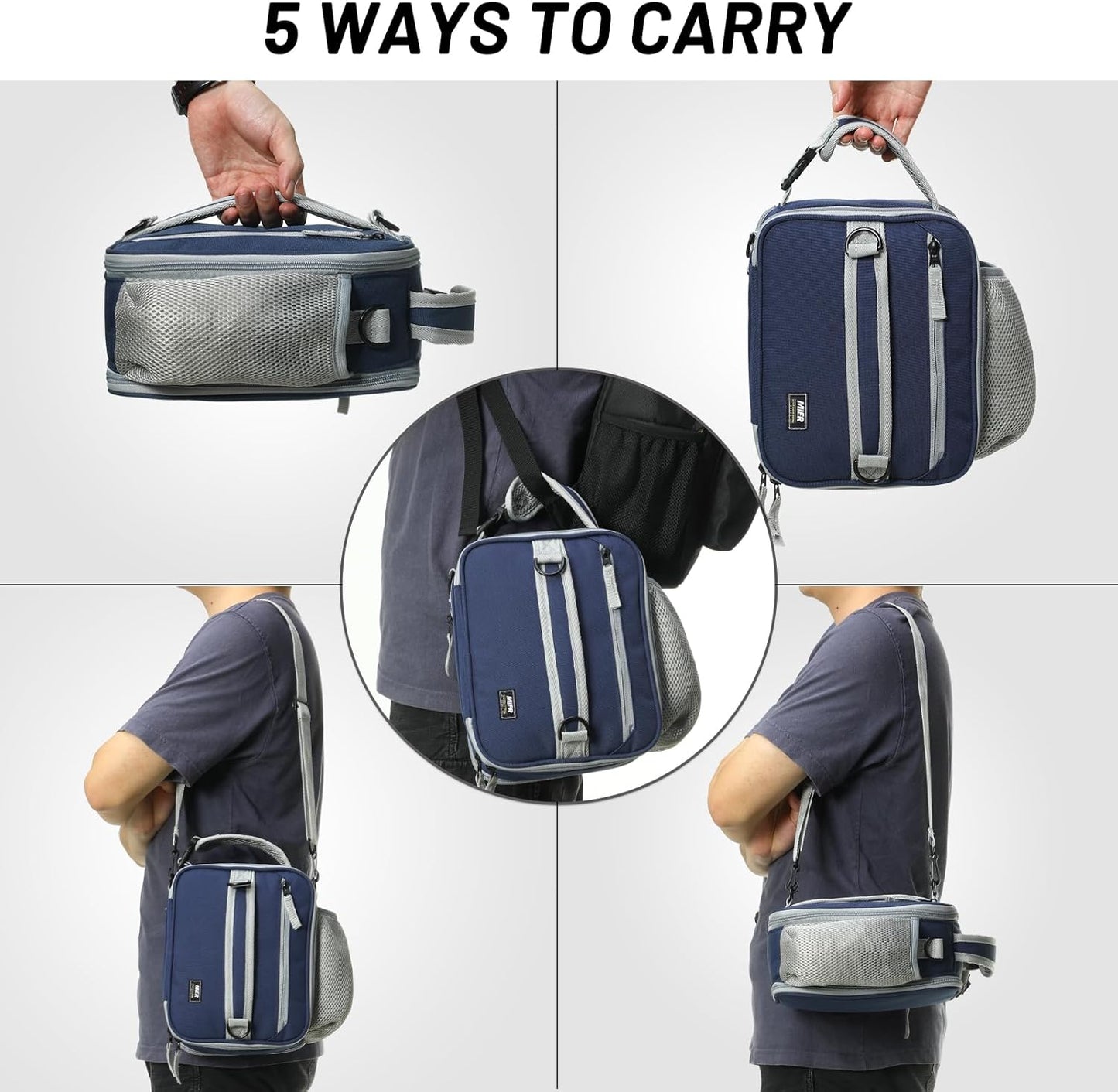MIER Expandable Lunch Bag Insulated Lunch Box for Men Boys Teens to Work School Travel, Multiple Pockets Portable Lunchbox Bags with Shoulder Strap (Navy Blue