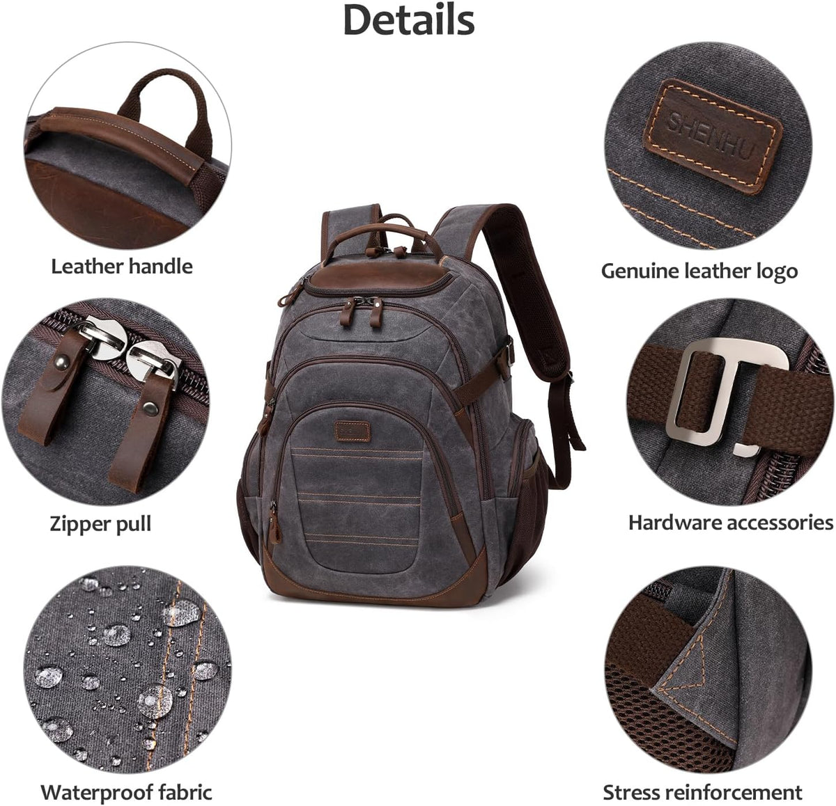 Travel Laptop Backpack 17.3 inch XL Computer Backpack for Men Waxed Canvas College Daypack Business Backpack Black Gray - Roamly