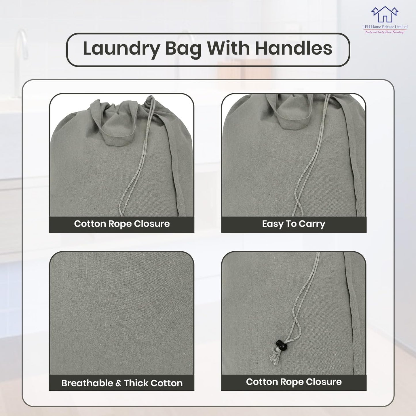 LFH Home Cotton Canvas Large Laundry Bag with Handle, Heavy Duty Drawstring Closure Washable Laundry Bags, School Travel, Home, Hotel, College Dorm, Organizer Sack, Toys Clothes 28x40 (Pack of 6)-Grey