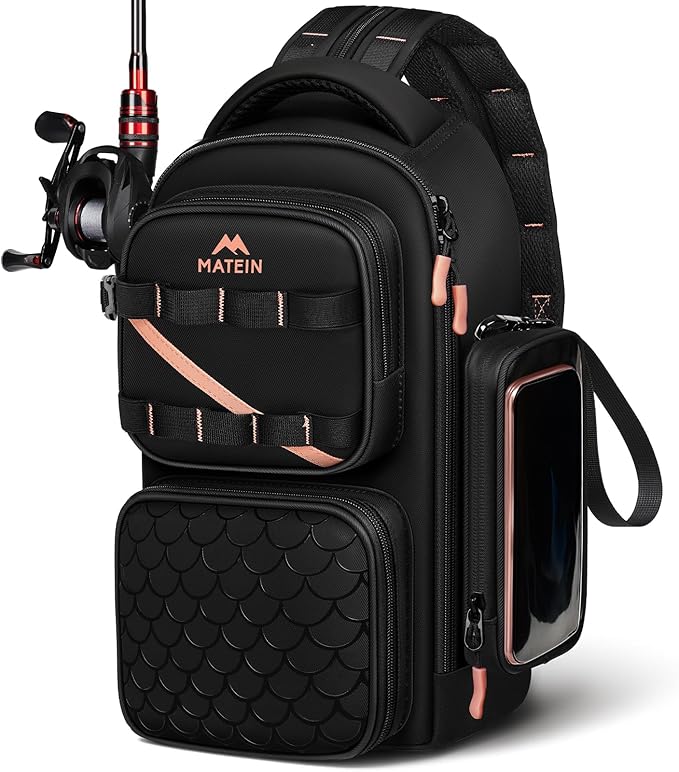 MATEIN Fishing Sling Bag with Lure Rod Holder & Phone Pouch, Waterproof 3600 Tackle box Backpack with Removable Bait Binder