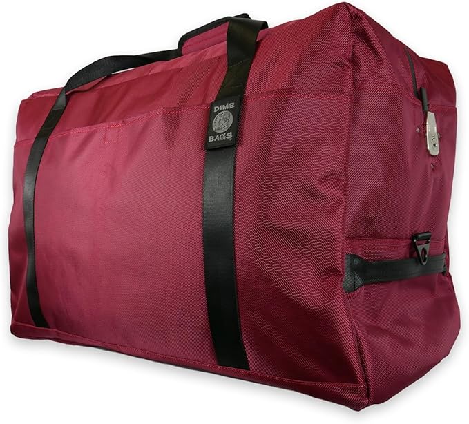 Dime Bags Odor Sealing Large Duffle Bag with Lockable Zipper for Travel Protection, Carbon-Lined for Scent & Spill Protection, Water-Resistant Polyester Exterior, 9 Compartments for Storage (Oxblood)