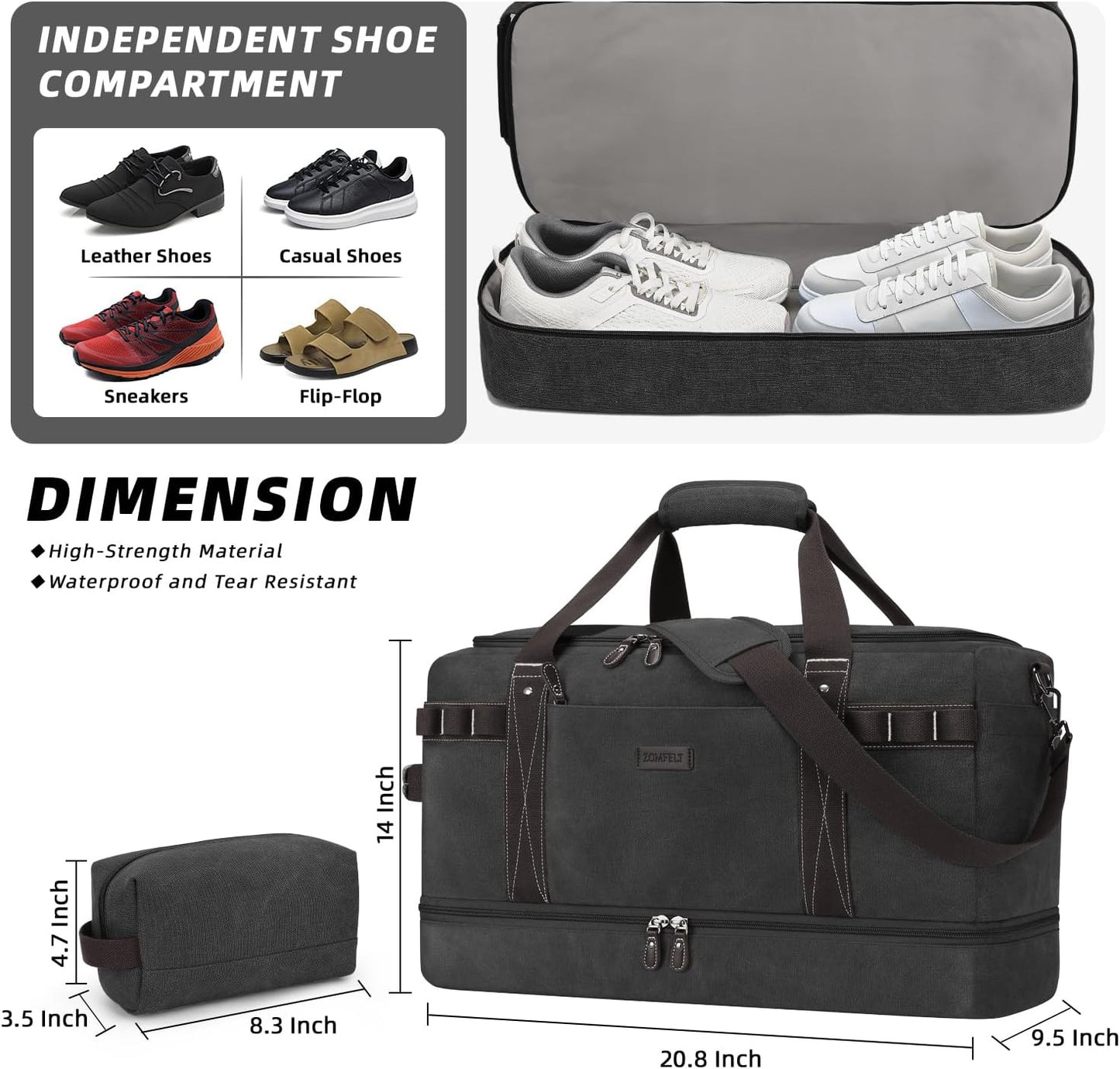 ZOMFELT Travel Duffle Bag for Men, Waterproof Canvas Overnight Duffel Bag with Removable Dividers & Shoe Compartment, Carry On Weekender Gym bag, Multi-Pocket & Vintage Design (Washed Black) - Roamly