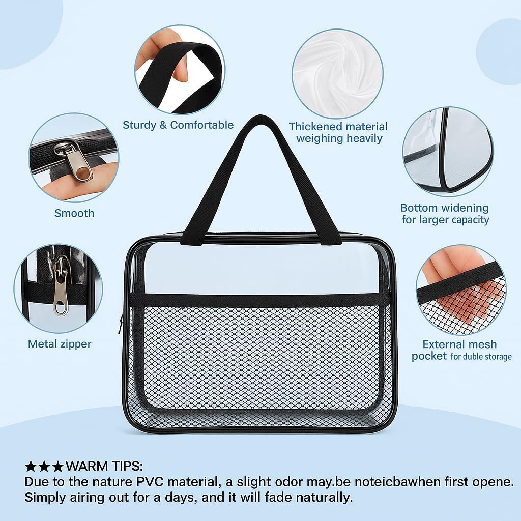 XEWEA 2PCS Middle TSA Approved Clear Travel Toiletry Bags for Men Women, Transparent Makeup Cosmetic Bag with Handle Zipper, Waterproof PVC Quart Organizer Pouch for Airport Airline Essential, Balck - Roamly