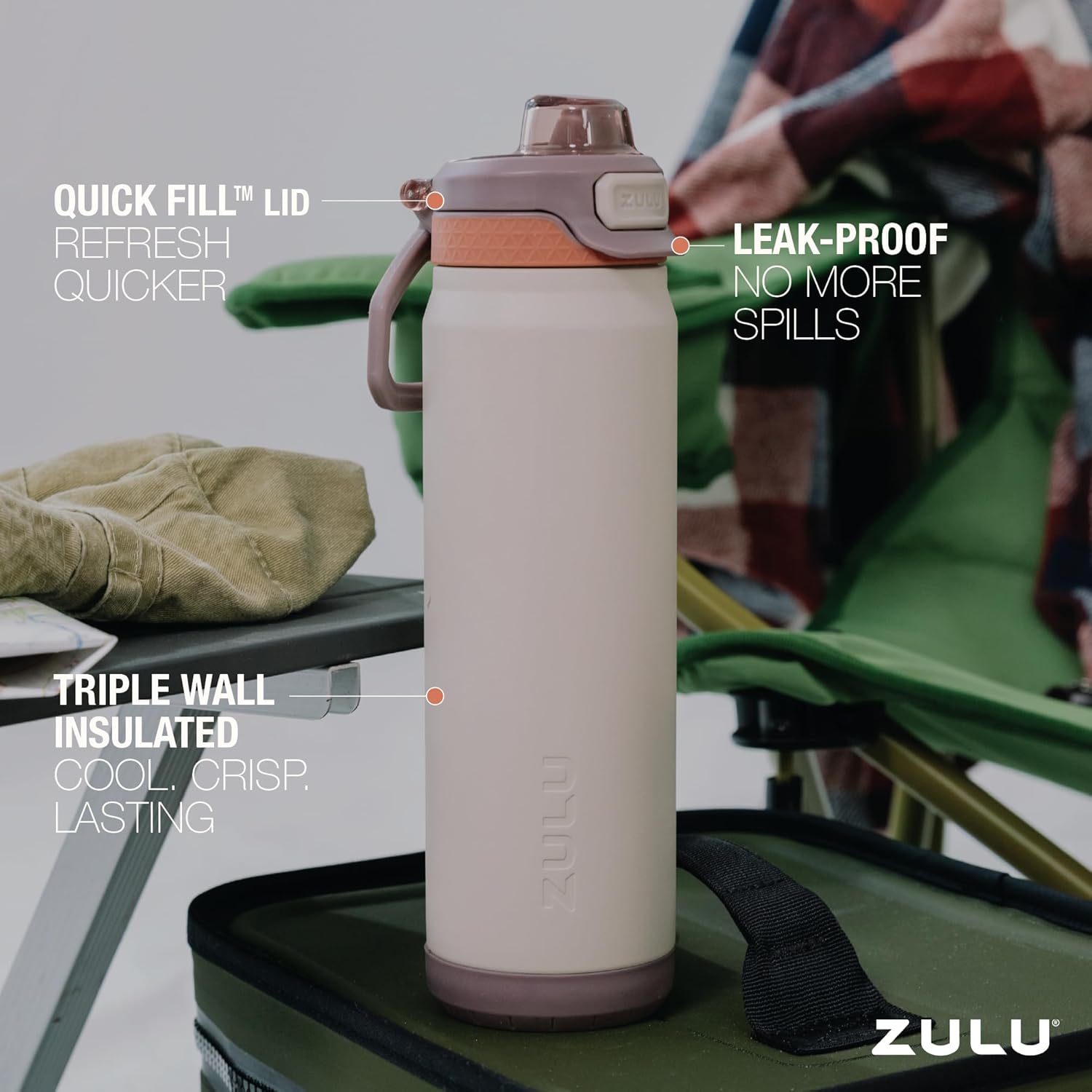 ZULU Powerfill Pro 40oz Stainless Steel Water Bottle with Quick Fill Lid, Triple Walled Vacuum Insulated Metal, Leak Proof Locking Lid, Sip and Chug, Reusable BPA Free, Driftwood - Roamly