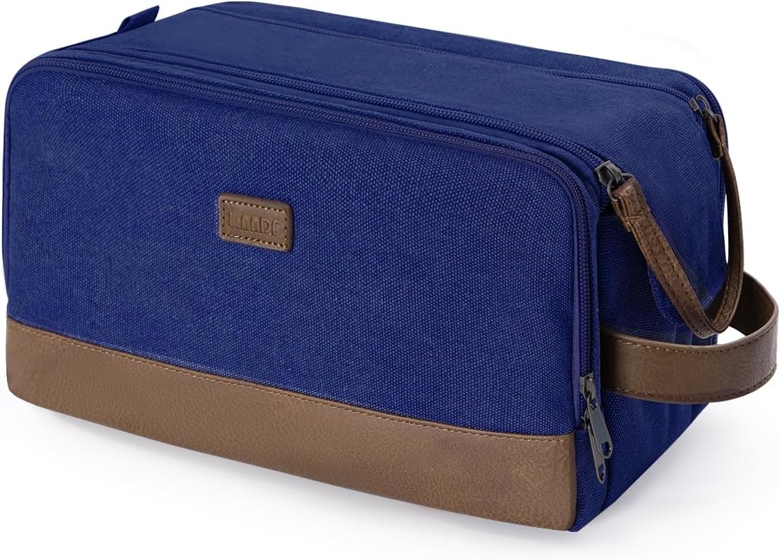 WANDF Toiletry Bag for Men Travel Toiletry Organizer Canvas and Leather Dopp Kit Water-Resistant Shaving Bag for Travel Accessories (Blue, Large) - Roamly