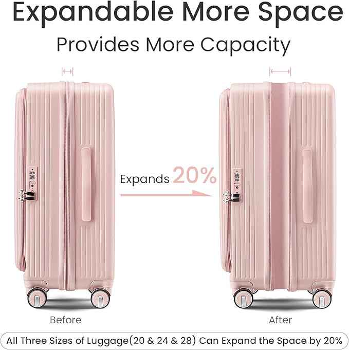 3 Piece Luggage Set 100% PC Hardshell, Front Opening Expandable Suitcase (20/24/28) with Laptop Compartment & Free Custom PVC Covers, Trunk Style Lightweight Spinner Wheels TSA Lock (Pink)