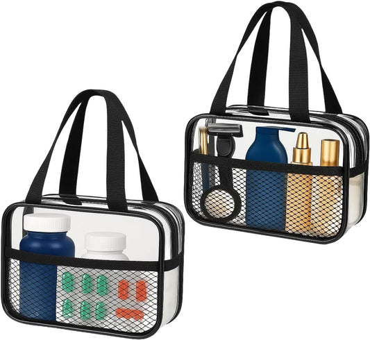 XEWEA 2PCS Small TSA Approved Clear Travel Toiletry Bags for Men Women,Transparent Makeup Cosmetic Bag with Handle,Waterproof PVC Quart Organizer Storage Pouch for Toiletries Airline Essential, Balck - Roamly