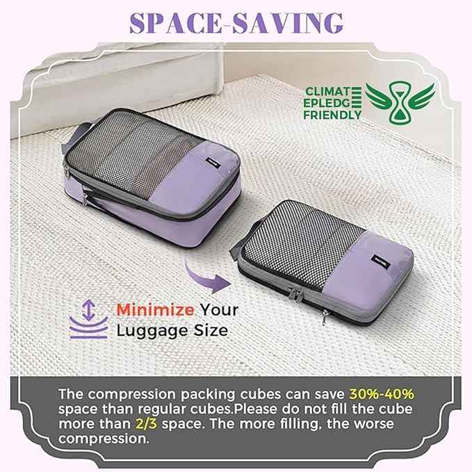 BAGAIL 4 Set/6 Set/8 Set Compression Packing Cubes Travel Accessories Expandable Packing Organizers(HalfMesh,8-Dusty Purple)