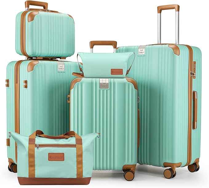 Luggage Set 6 Piece with Cup Holder,Hardshell TSA Lock Spinner Wheels Carry on Lightweight Suitcase，Hook and YKK Zippers for Valentine Gifts(Green, 6 piece sets（14/20/24/28/DB/TB）)