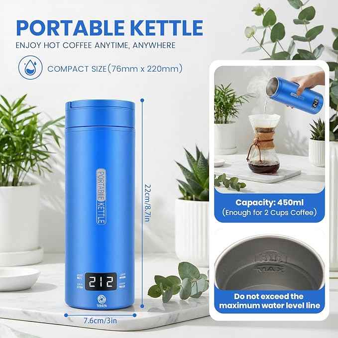 Travel Kettle,Portable Electric Kettle with Temperature Control, Brews Two Cups of Coffee, 316 Stainless Steel Inner Tank, Elegant Blue
