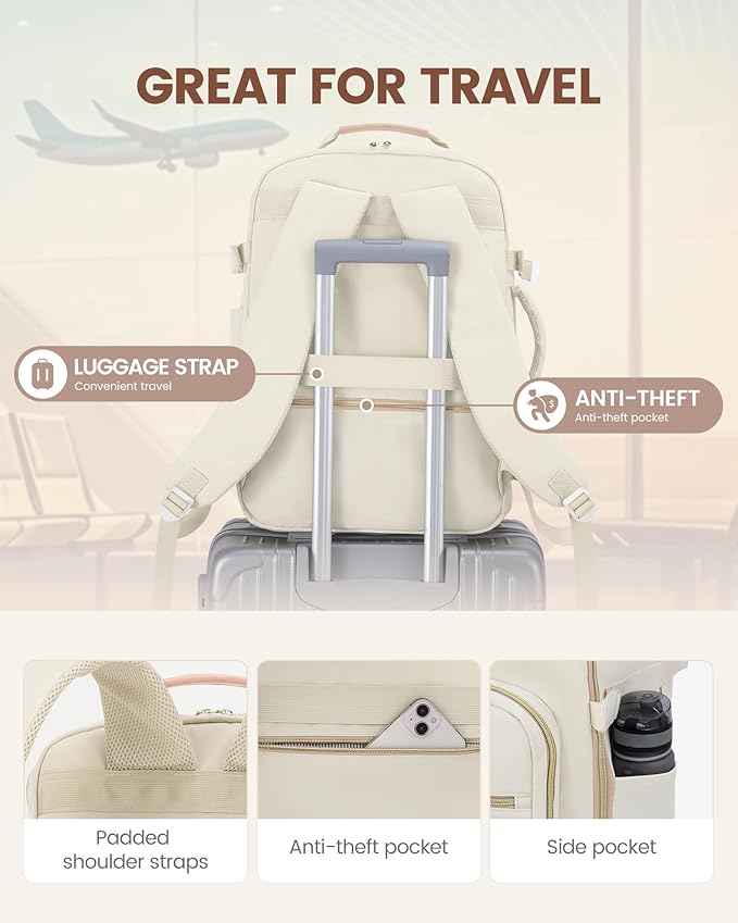 LOVEVOOK Travel Backpack for Women & Men 40L,Airline Approved Carry On Backpack Travel Essential,TSA Carry on Luggage,Waterproof Personal Item Travel Bag,Suitcase with 3 Packing Cube,Beige-Flesh beige