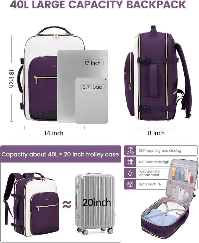 LOVEVOOK 40L Travel Backpack for Women & Men, Airline Approved Carry On Luggage with 3 Packing Cubes, TSA Overnight Bags, Waterproof Personal Item Bag, Weekender Essentials Backpacks fits 17" Laptop