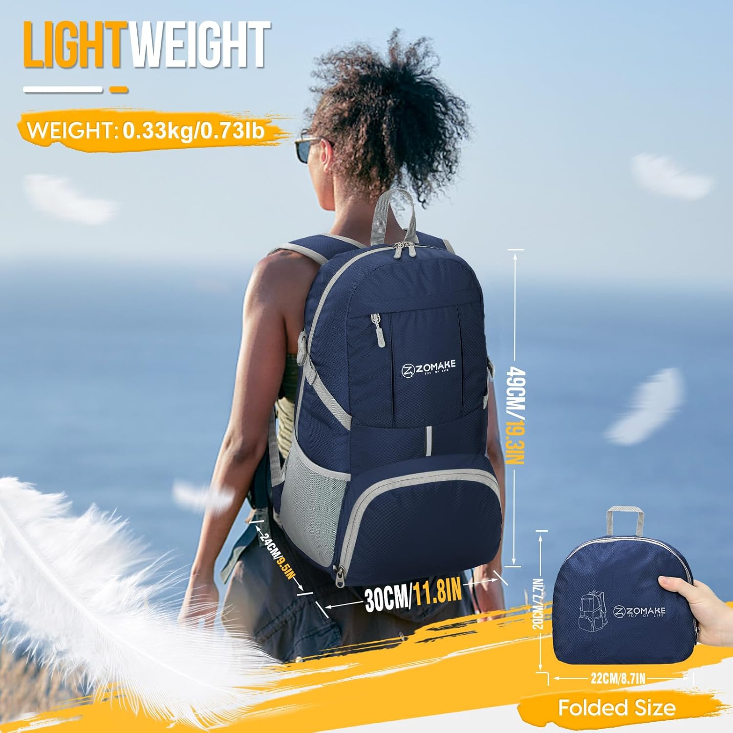 ZOMAKE Lightweight Packable Backpack 35L, Light Foldable Backpacks Water Resistant Collapsible Hiking Bag, Compact Folding Day Pack for Travel Camping(Navy Blue) - Roamly