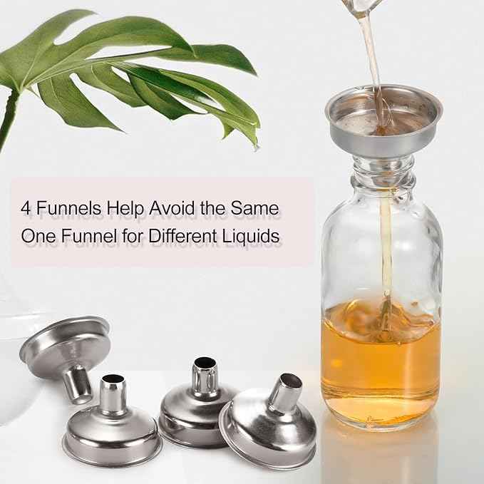 18 Pack, 2 oz Small Clear Glass Bottles w/ Lid & 4 Stainless Steel Funnels - 60ml Boston Sample Bottles - Mini Travel Essential or Decorative Bottles for Potion, Juice, Wellness, Ginger Shots, Whiskey
