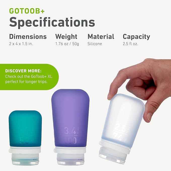 humangear GoToob+ 3-Pack (Medium) | Refillable Silicone Travel Bottle | Locking Lid | Food-Safe Material, Clear/Green/Blue, Medium (2.5 fl.oz.; 74ml)