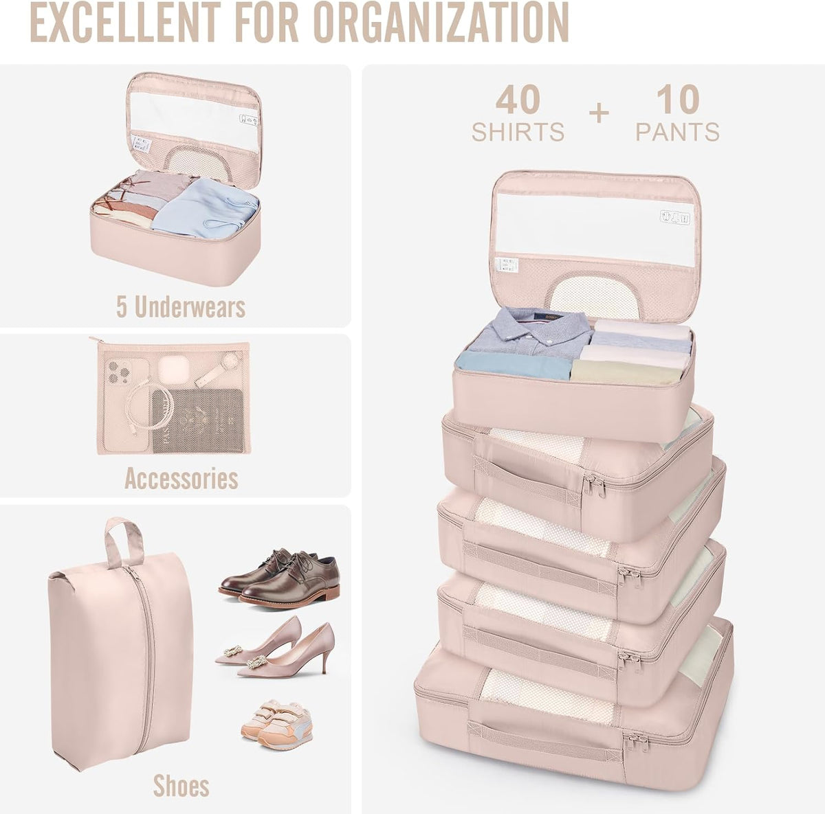 Veken 10 Set Packing Cubes for Travel, Beach Vacation Essentials Accessories for Cruise Ship, Suitcase Organizer Bags for Luggage with Hanging Toiletry & Shoe Bag, Birthday Gifts for Women Mom Her - Roamly
