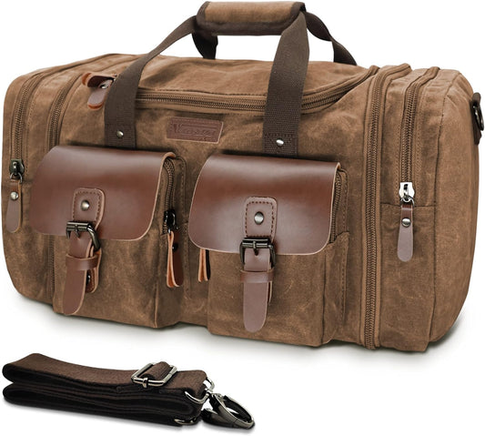 Wildroad Waxed Canvas Duffle Bag - 60L Waterproof Genuine Leather Weekender Overnight Travel Hand Bag - Roamly