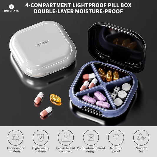 Small Pill Case, Travel Pill Box, Portable Pill Organizer, Pill Container for Pocket 4 Compartments, Daily Compact Travel Medicine Holder for Vitamins Medication (Black)