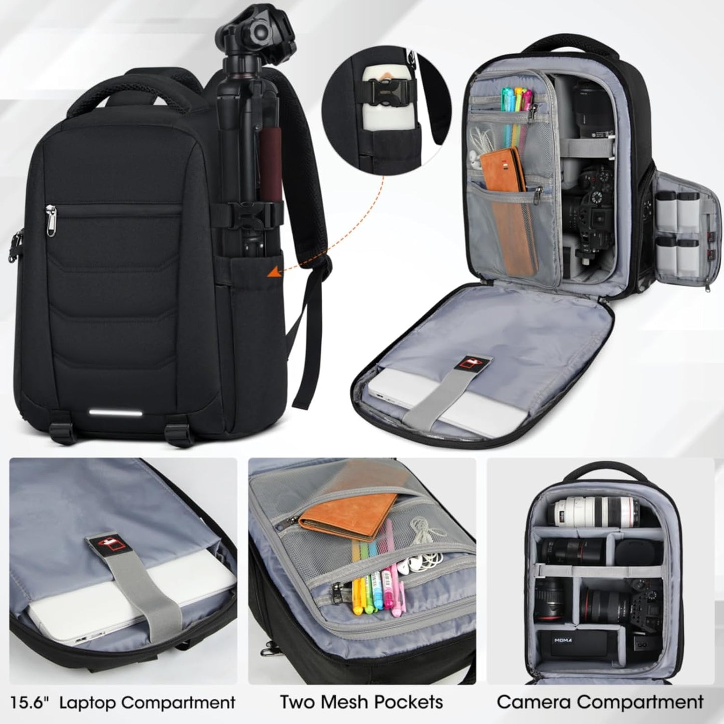 SDYSM Camera Bag Backpack Professional for DSLR SLR Mirrorless Camera Waterproof Laptop Back Pack 15.6 Inch with Rain Cover Anti Theft Travel Case Large Capacity Photography Backpack Black