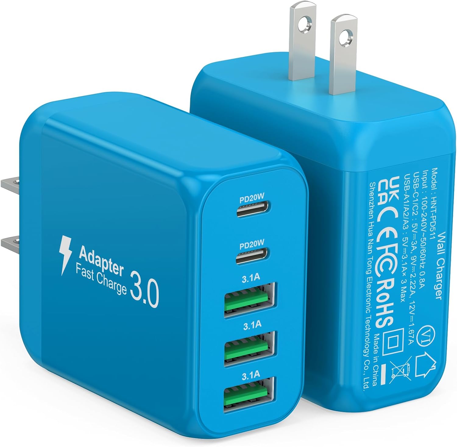 2-Pack USB C Wall Charger Block,50W 5-Port C Charger Fast Charging Block PD Power Adapter +QC 3.0 Multiport Type C Box Charger Cube USB A Wall Plug for iPhone 16/15/14/13 Pro Max,Samsung Galaxy(Blue) - Roamly