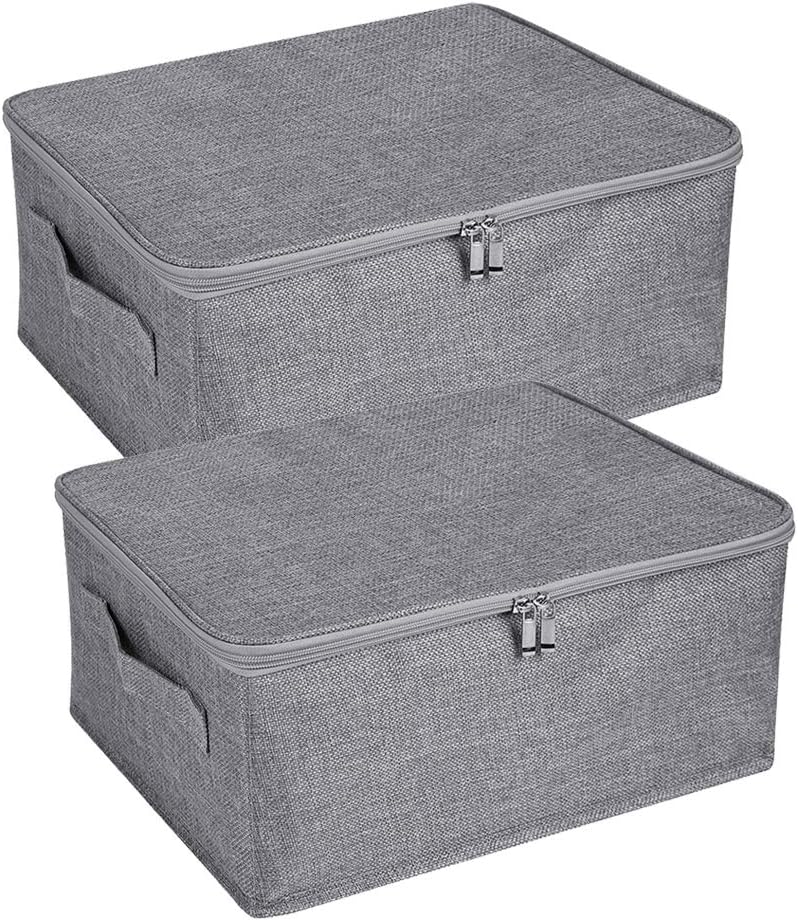ANMINY 2PCS Storage Bins with Zipper Lids 13 Qt Lidded Fabric Storage Boxes Baskets Cubes with Handles Collapsible Washable Cotton Linen Closet Shelf Clothes Organizer Containers - Gray, Small