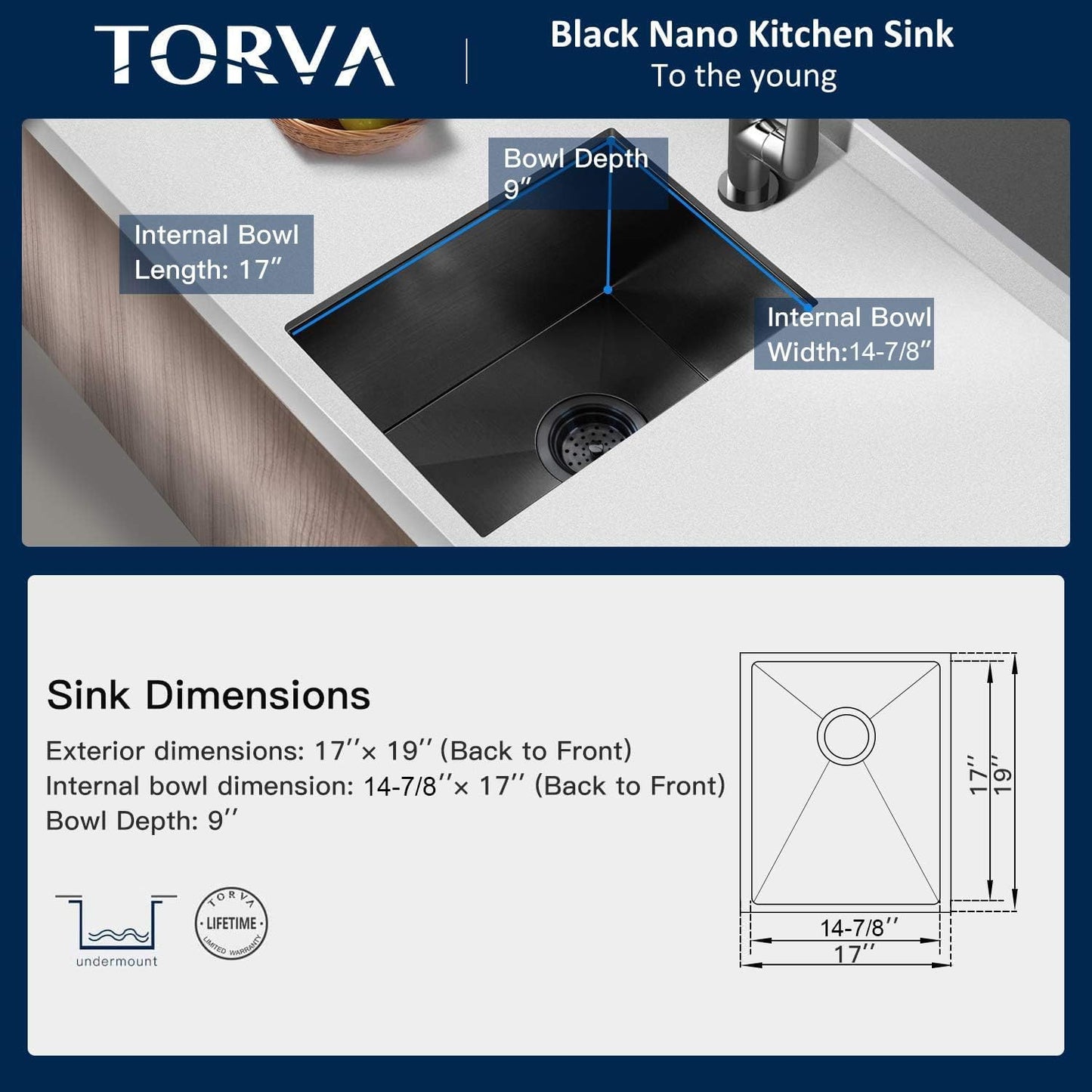 TORVA 17-Inch Gloss Black Ceramic Coating with NanoTek Undermount Kitchen Sink, PVD Coated Gunmetal Sink,16 Gauge Stainless Steel Single Bowl - 17 x 19 x 9 Inch Deep Bar/Prep Basin, Dark Gray
