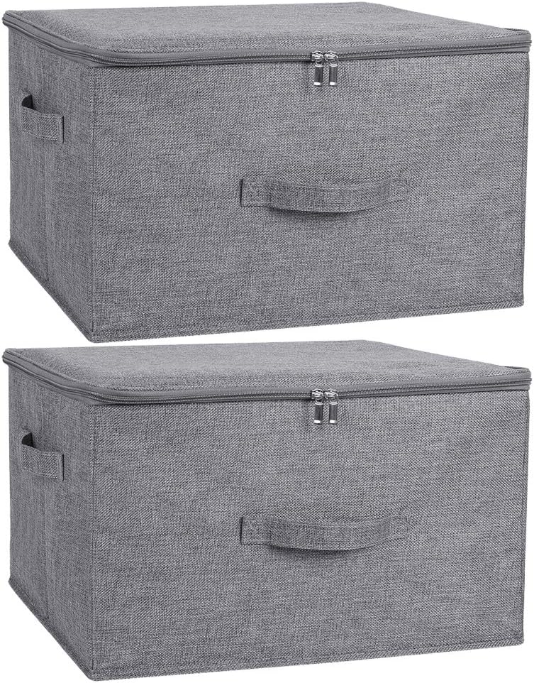 ANMINY 2PCS Storage Bins with Zipper Lids 51.9 Qt Lidded Fabric Storage Boxes Baskets Cubes with Handles Collapsible Washable Cotton Linen Closet Shelf Clothes Organizer - Gray, Extra Large