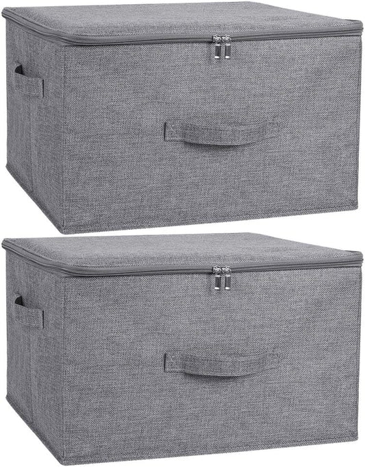 ANMINY 2PCS Storage Bins with Zipper Lids 51.9 Qt Lidded Fabric Storage Boxes Baskets Cubes with Handles Collapsible Washable Cotton Linen Closet Shelf Clothes Organizer - Gray, Extra Large