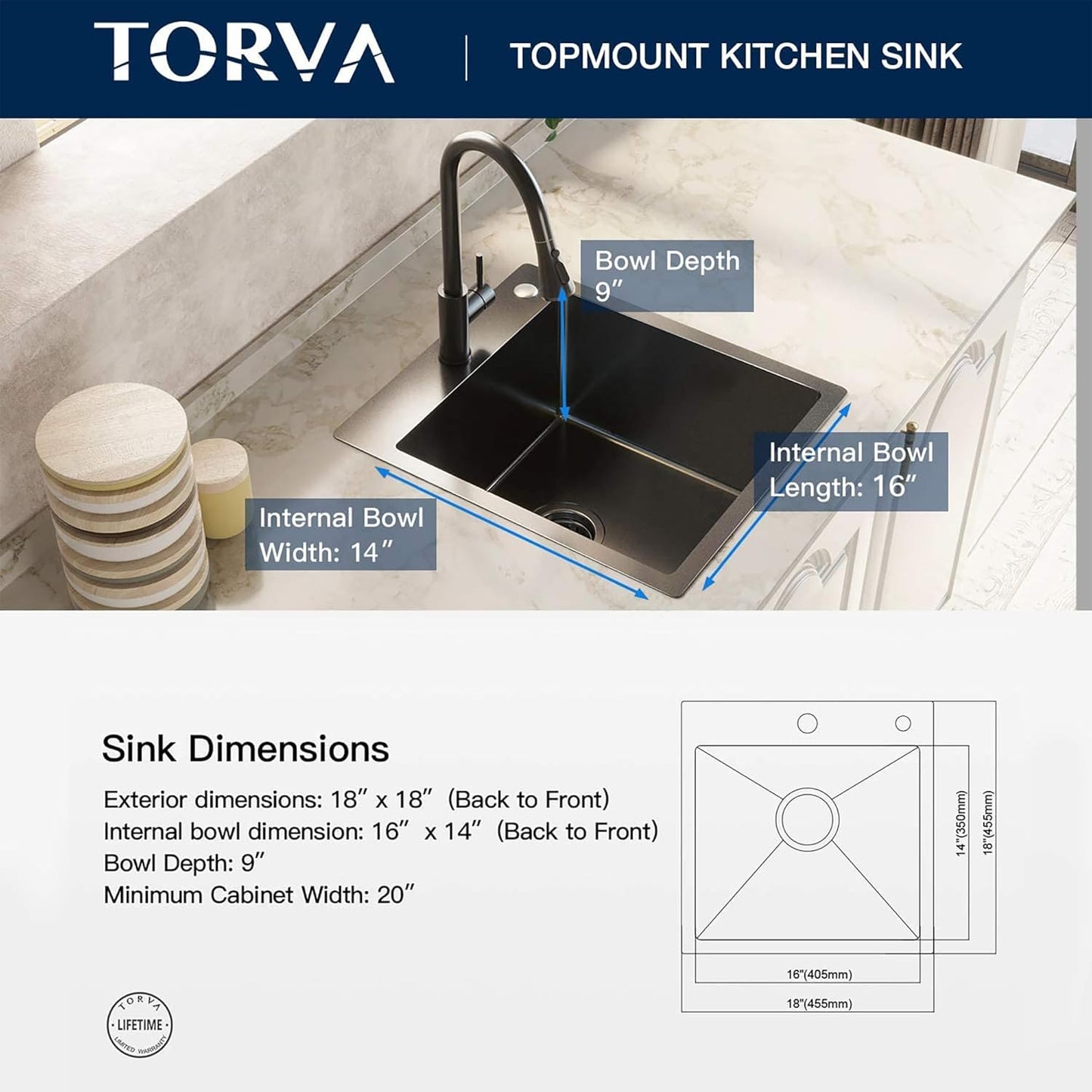 TORVA 18 x 18 Inch Gloss Black Drop-in Topmount Kitchen Sink - 16 Gauge Stainless Steel, PVD Coated Gunmetal Finish, NanoTek Single Bowl 9-Inch Deep Bar/Prep Basin, Dark Gray