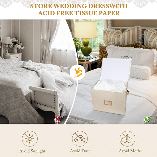 Wedding Dress Storage Box, Wedding Dress Preservation Box with Lid, Foldable Acid-Free Organizer with 1 Pair of Microfiber Gloves and 20 Sheets of Acid-Free Paper (1, Medium)